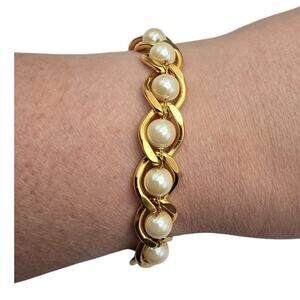 Gold Pearl Link Bracelet Chunky Chain Style Classic Glam Elegant